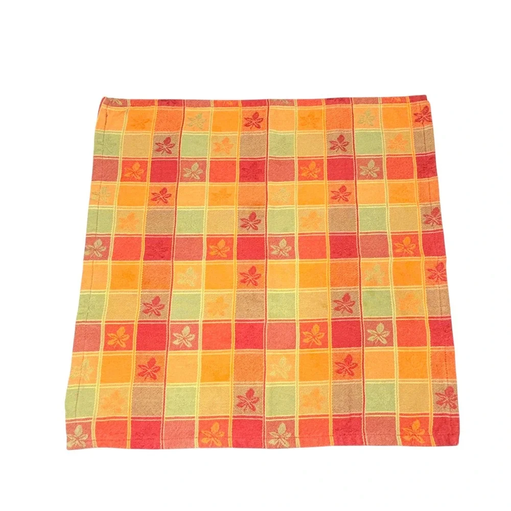 8 Vtg Fall Harvest Plaid Cloth Napkins Pumpkin Leaf Orange Red Green Square
